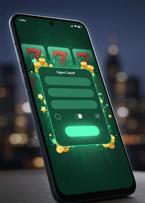 Admirl Casino registration form on a mobile phone showing steps for quick account creation and secure access to games.